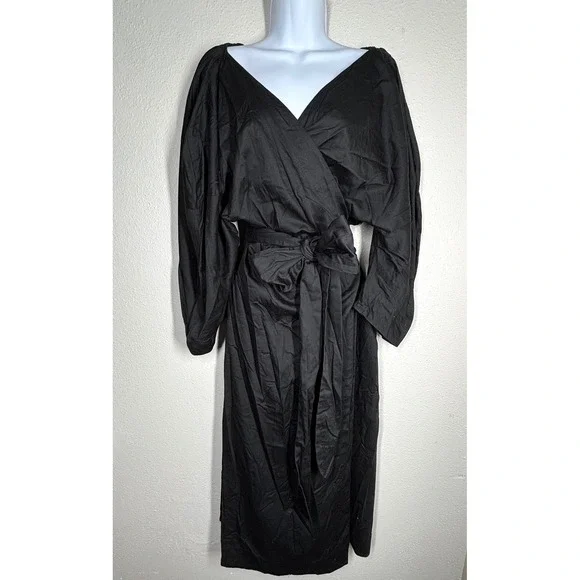 Mara Hoffman Black Wrap Midi Dress Long Sleeve Tie Waist Organic Cotton 3X $595